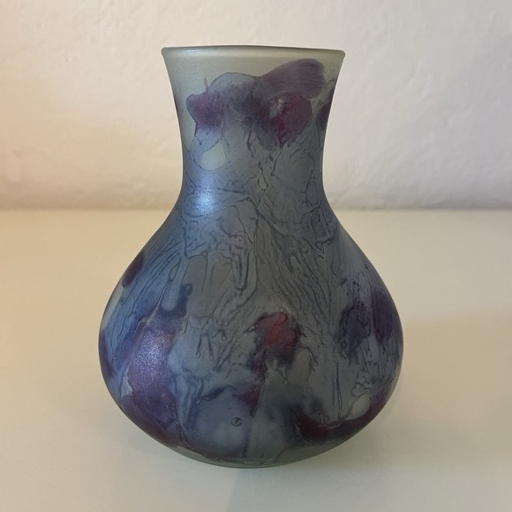 Vintage Rueven Glass Vase Art Nouveau Hand Painted Drip Satin‎ 6" Blues Purples